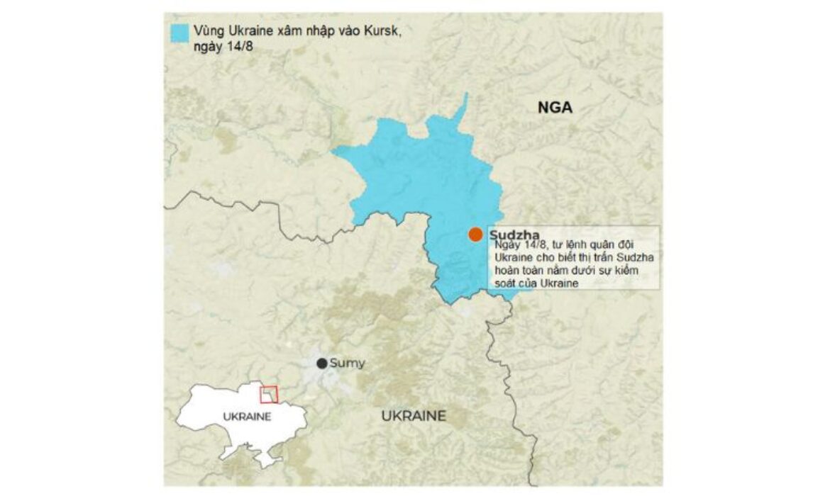 Bản đồ thể hiện vị trí Kursk và tuyến đường quân đội Ukraine đã tiến vào lãnh thổ Nga